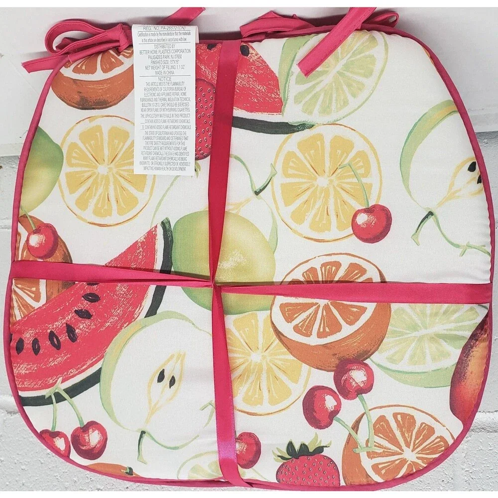 Set of 4 KITCHEN CHAIR PADS CUSHIONS w/ pink strings,COLORFUL FRUITS 15